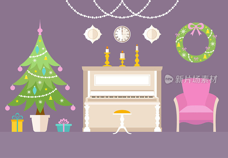 Christmas interior design with Christmas tree and piano. Vector illustration.